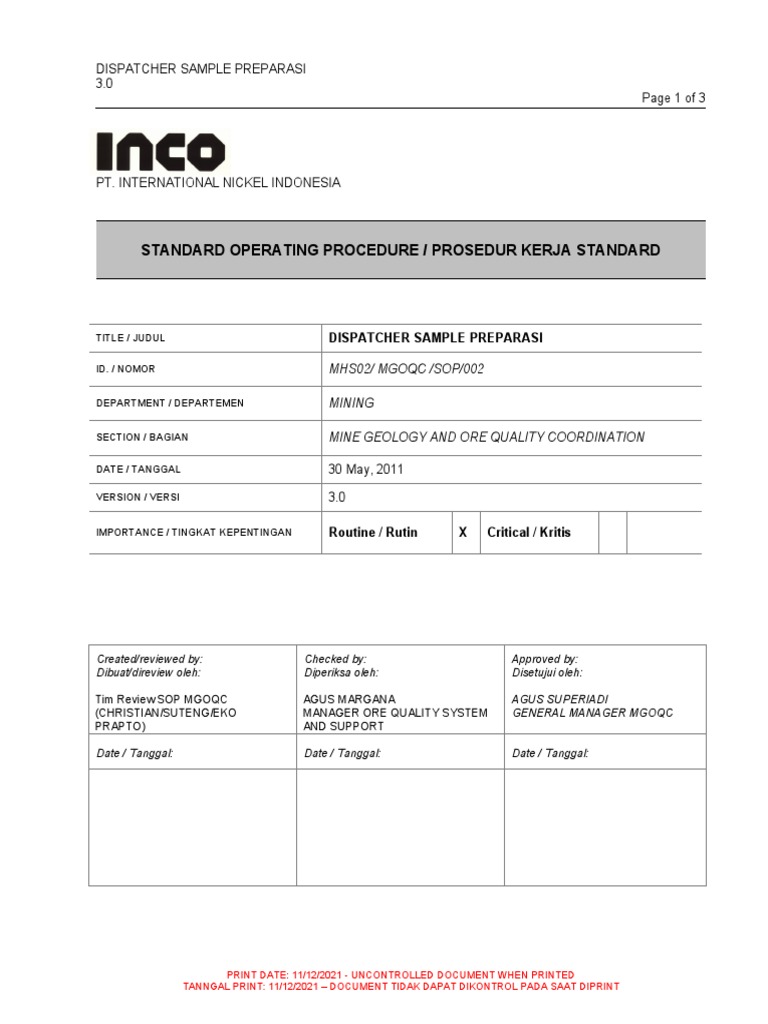 MHS02 MGOQC SOP 002 Dispatcher Sample Preparasi | PDF | Sains ...