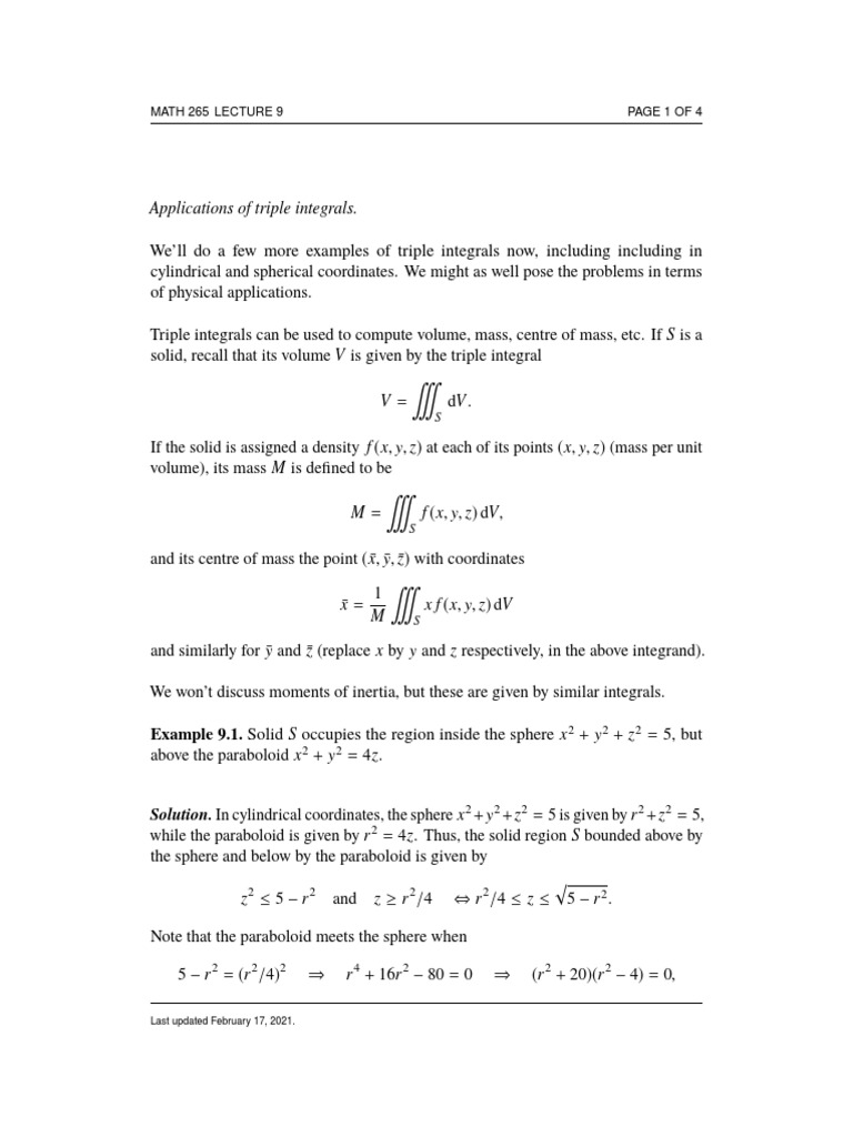 Applications of Triple Integrals | PDF | Integral | Volume