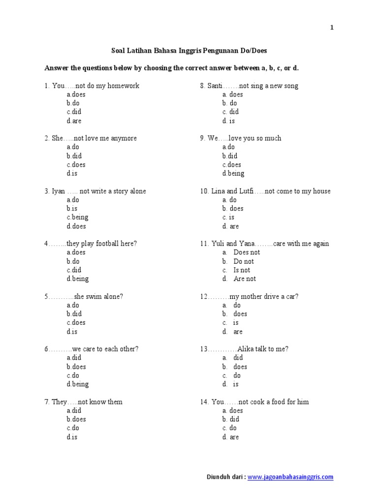 Soal Latihan Bahasa Inggris Pengunaan Do Dan Does Pdf