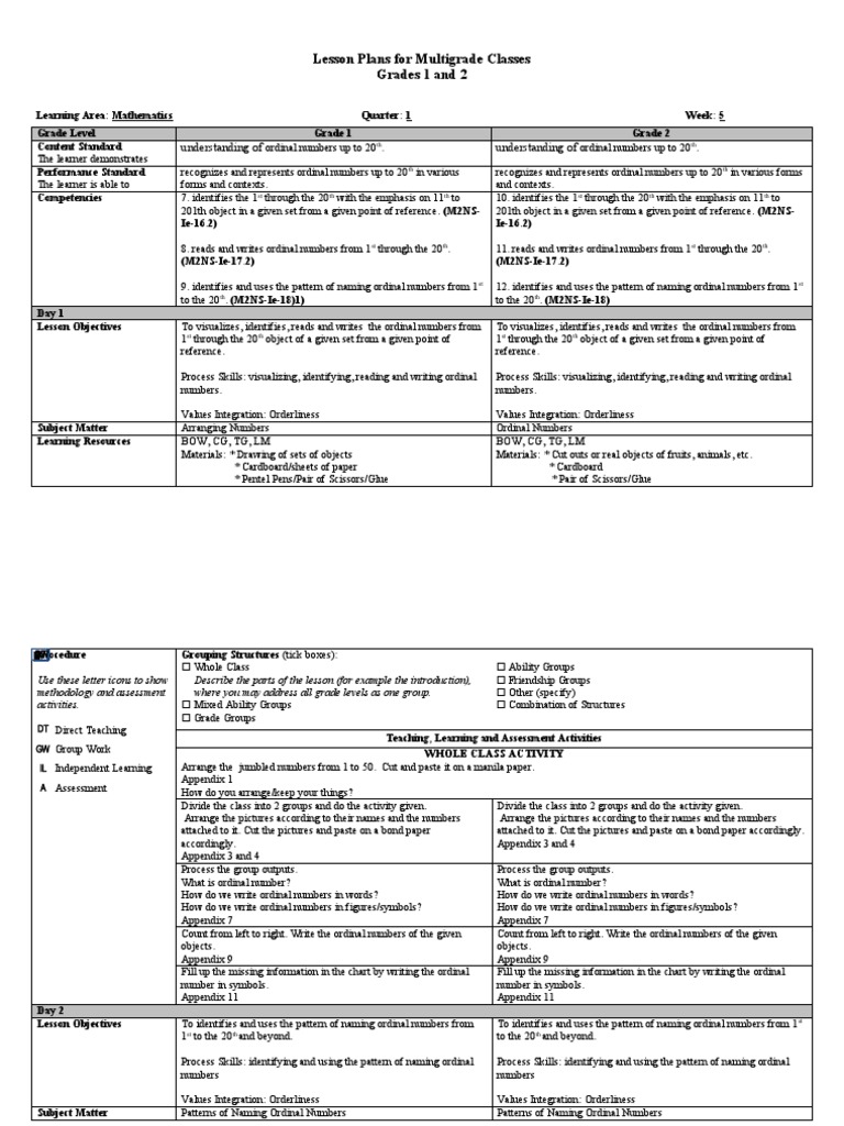 Multigrade Math Lesson Plans: Ordinal Numbers | PDF | Lesson Plan ...
