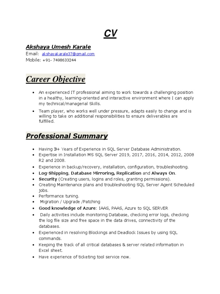 SQL Server DBA Resume - 3+ Years Experience | PDF | Databases ...
