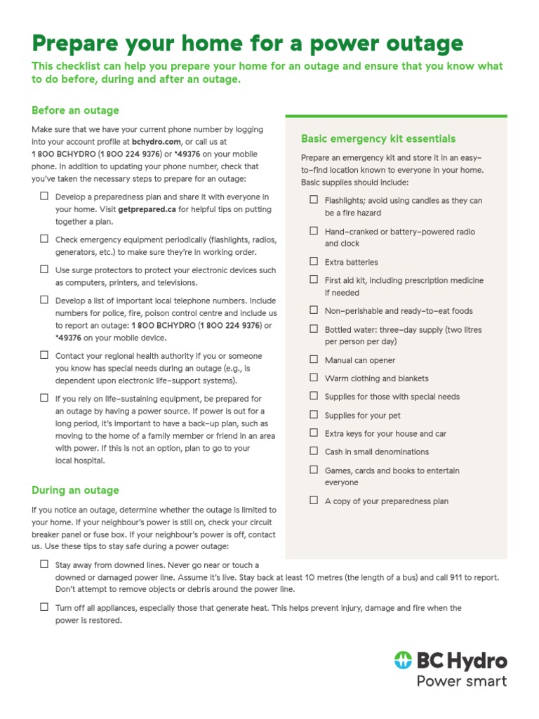 Power Outage Preparedness Checklist | PDF | Refrigerator | Manufactured ...