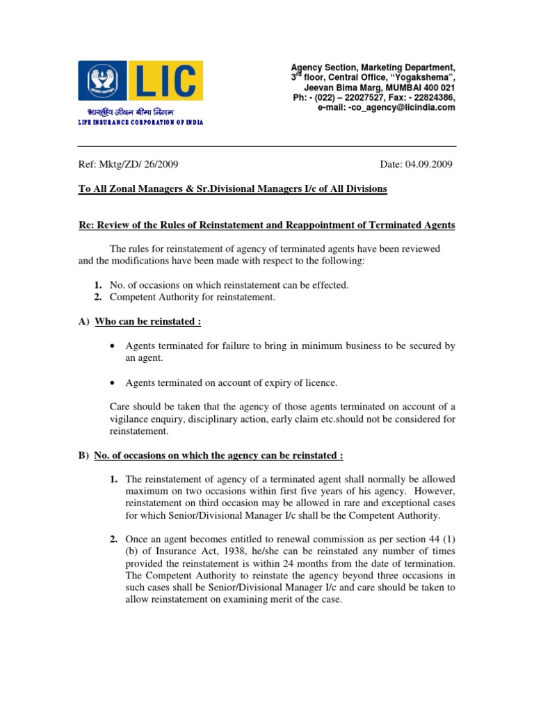 Review of Rules of Reinstatement of Agents Circular 02 PDF Public