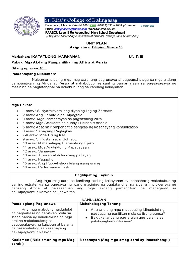 Filipino 10 3rd Grading Unit Plan MELC | PDF