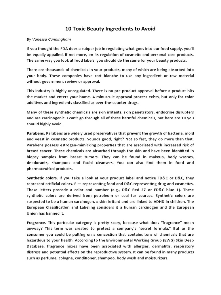 10 Toxic Beauty Ingredients To Avoid PDF Cosmetics Perfume