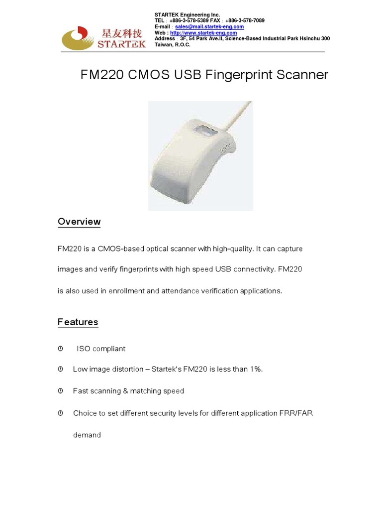 FM220 CMOS USB Fingerprint Scanner STARTEK Engineering Inc. TEL EMail