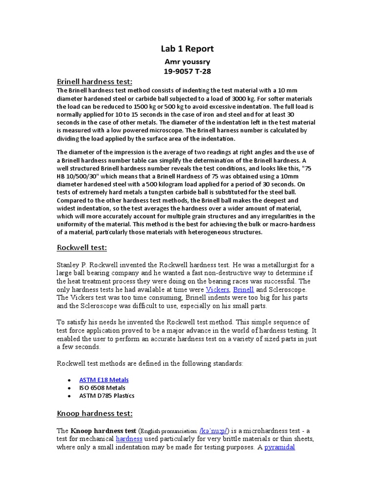 Lab 1 Report Brinell Hardness Test Download Free PDF Chemistry Tests