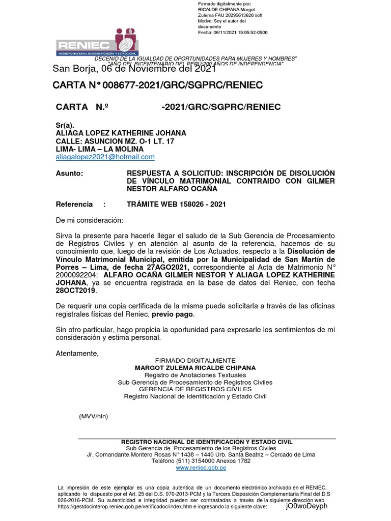 San Borja, 06 de Noviembre Del 2021 CARTA #008677-2021/GRC/SGPRC/RENIEC ...