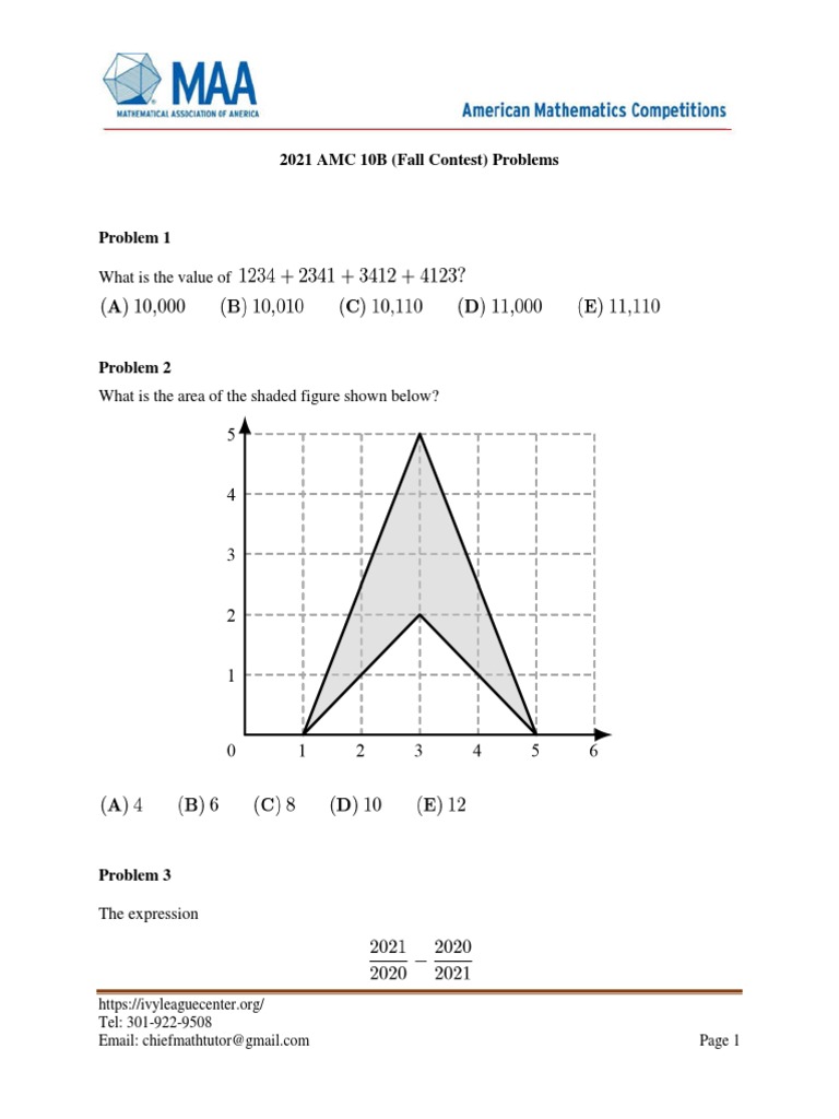 2021 Amc 10b Fall Contest Problems and Answers PDF Elementary Mathematics Geometry