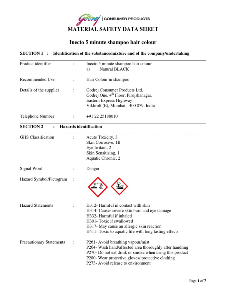 MSDS Shampoo Hair Colour PDF Toxicity Chemistry