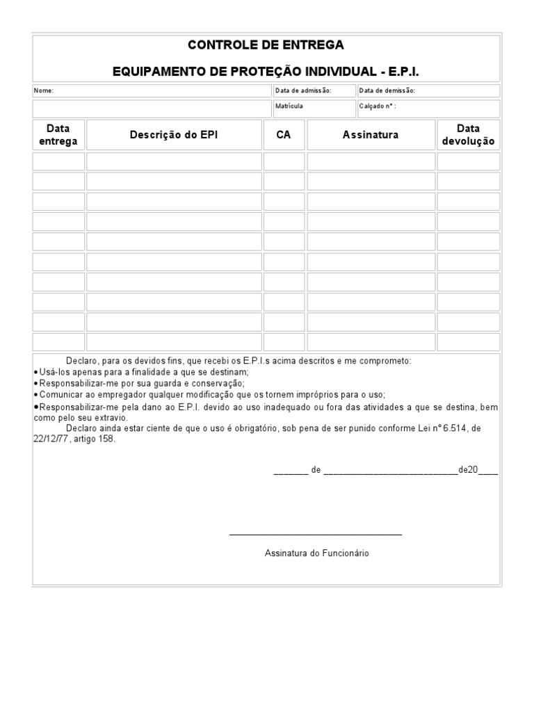 Modelo de Ficha de Entrega EPI