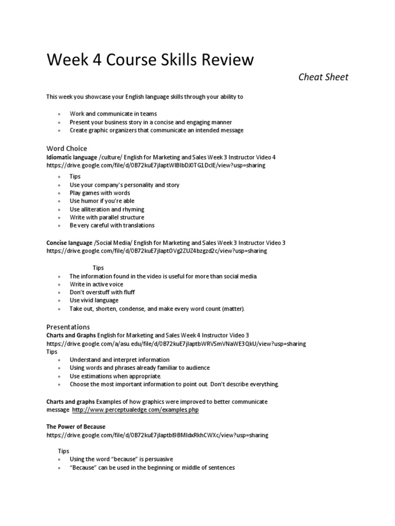 Week 4 Course Skills Review: Cheat Sheet | PDF | Career & Growth | Art