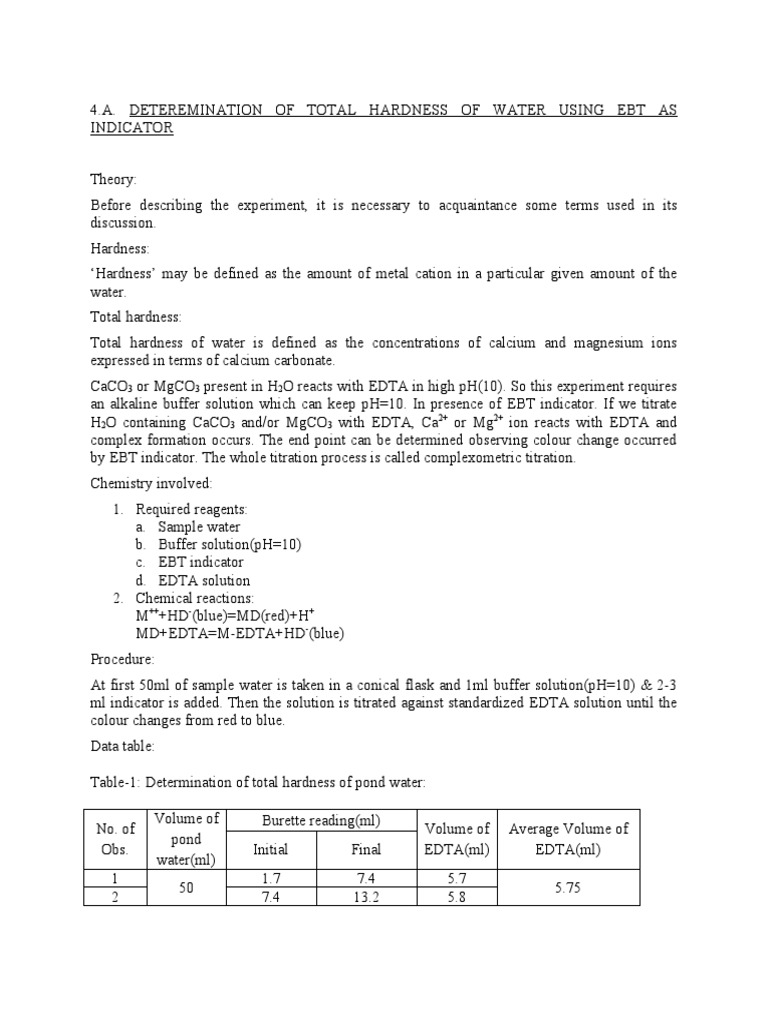 Determination of Calcium Ion Concentration in Water Samples Using EDTA Titration and Calcon