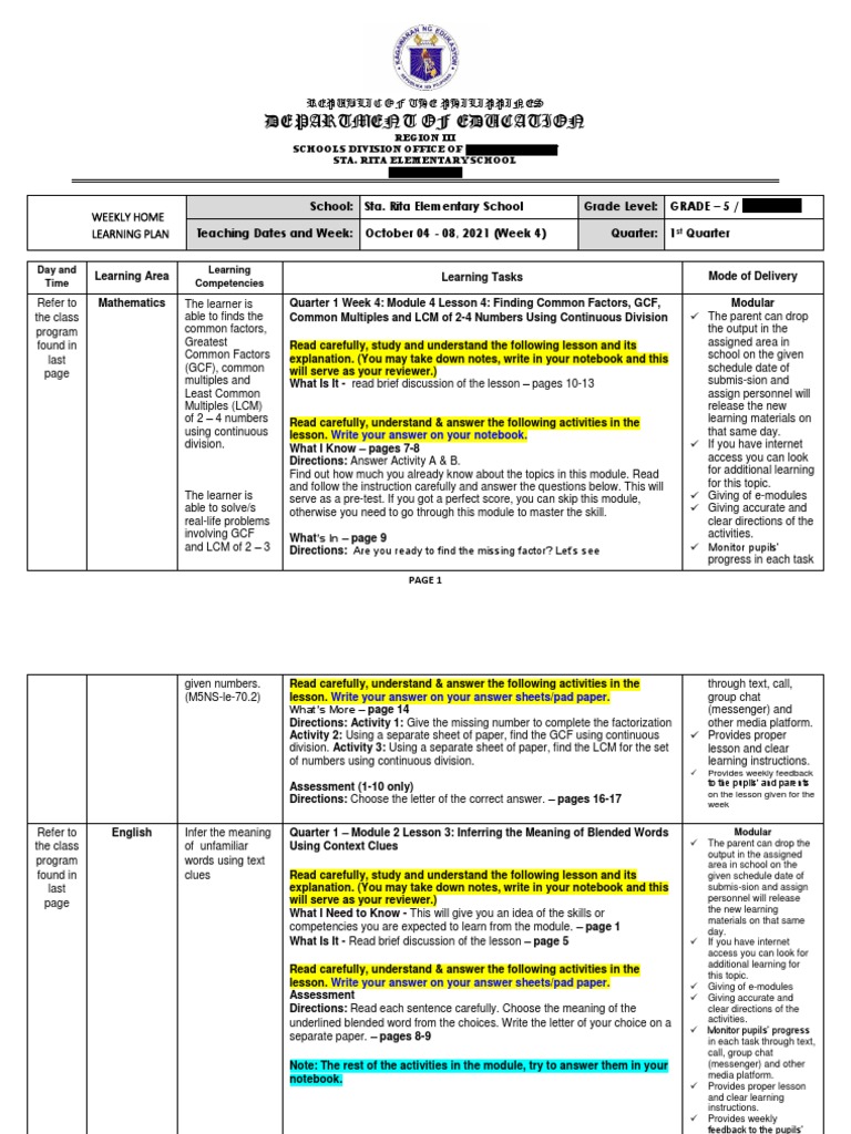 Grade 5 Weekly Learning Plan | PDF | Learning | Cognition