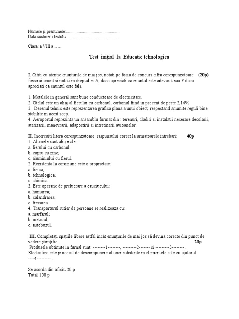 Test Initial Ed Tehnologica Vlasa Viii A | PDF