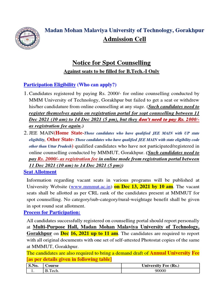 B.Tech Spot Counselling Notice | PDF | Government