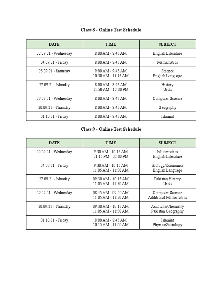 Class 8 online test schedule date time subject descargar gratis