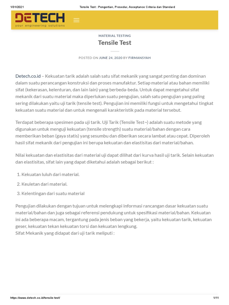 Tensile Test Pengertian, Prosedur, Acceptance Criteria Dan Standard PDF
