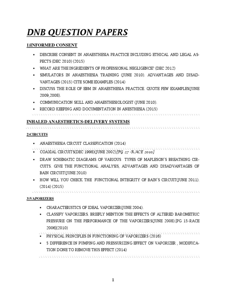 DNB QUESTION PAPERtopic Wise2017 PDF Anesthesia Cirrhosis
