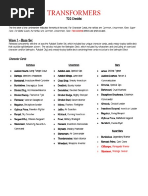 TRANSFORMERS TCG Checklist (Printable)