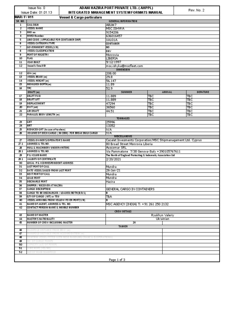 MAR-F-011-Vessel Cargo Particulars Acceptance Checklist | PDF | Oil ...