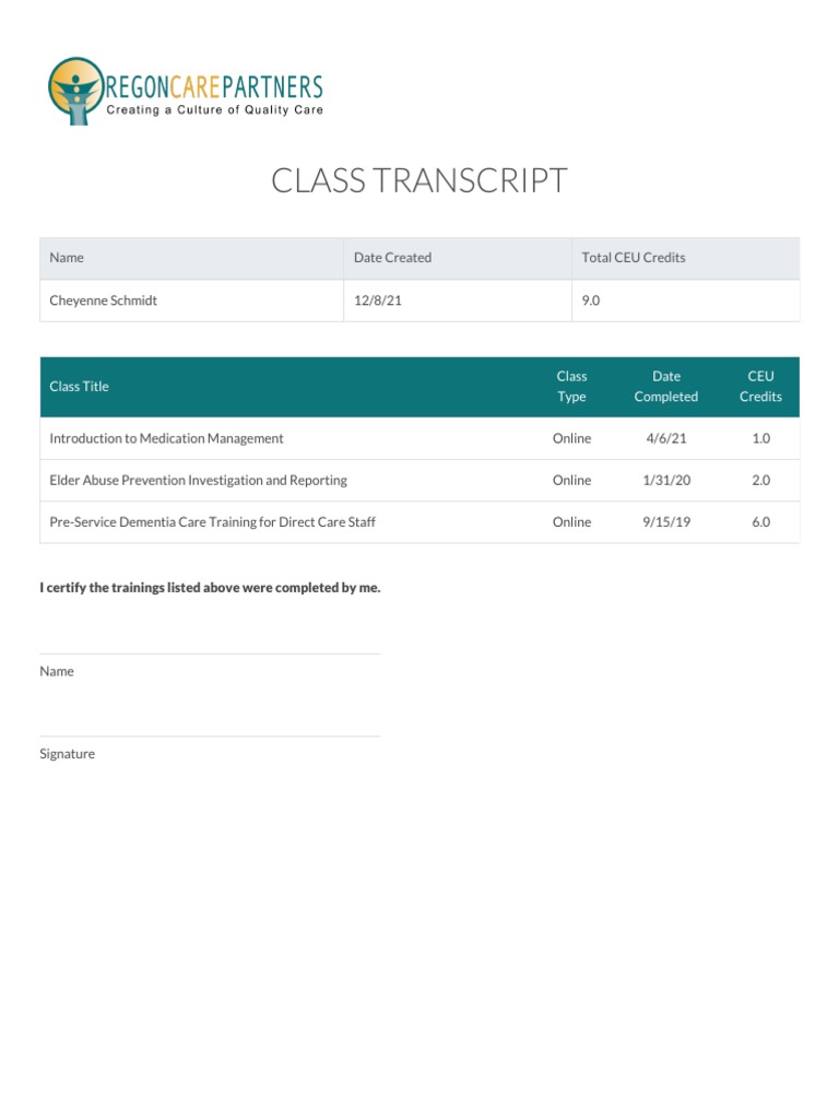 Class Transcript: Name Date Created Total CEU Credits | PDF