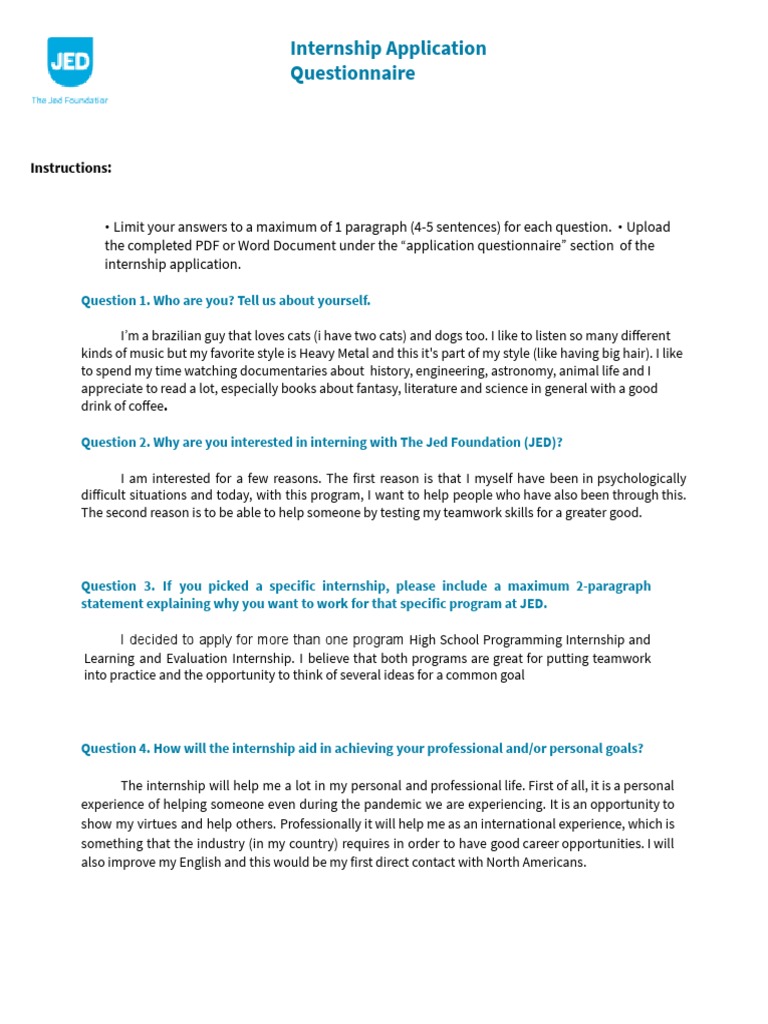 Internship Application Questionnaire | PDF | Question | Reason