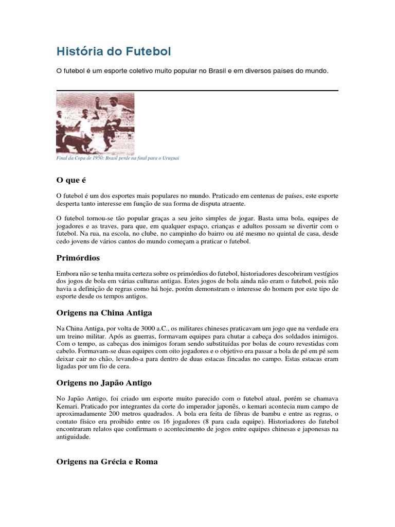História do Futebol: Origens e Curiosidades | PDF | Futebol | Copa do ...