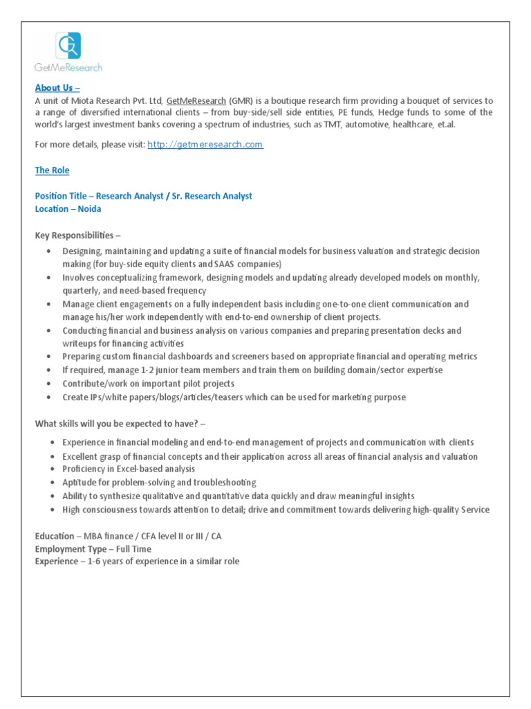 The Role Position Title - Research Analyst / Sr. Research Analyst ...