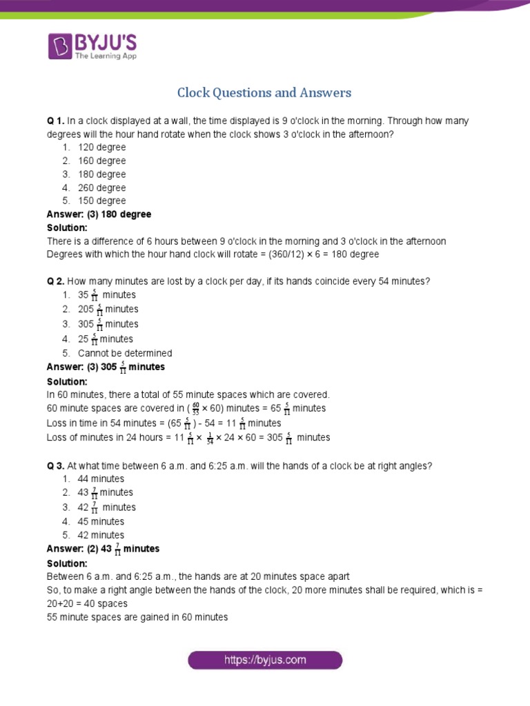 Clock Reasoning Questions and Answers | PDF | Hour | Clock