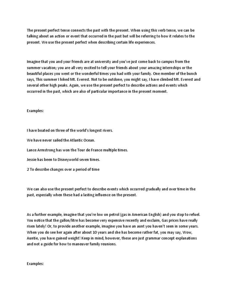 The Present Perfect Tense Connects The Past With The Present | PDF