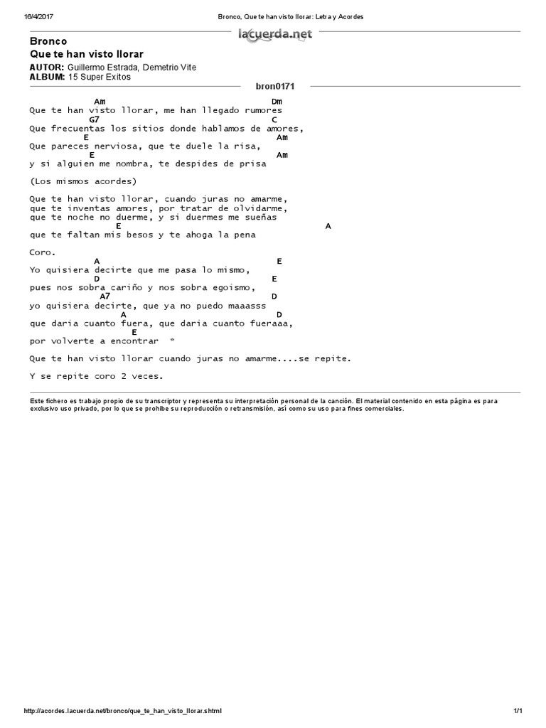 Bronco, Que Te Han Visto Llorar Letra y Acordes PDF