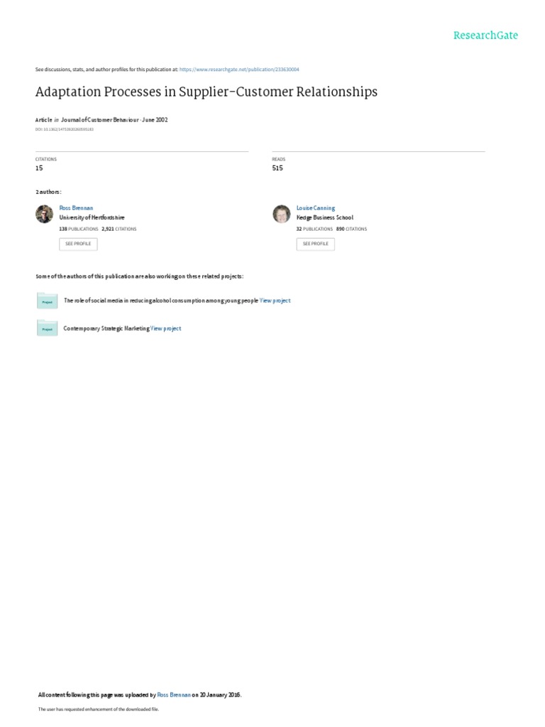 Adaptation Processes In Supplier Customer Relationships Journal Of