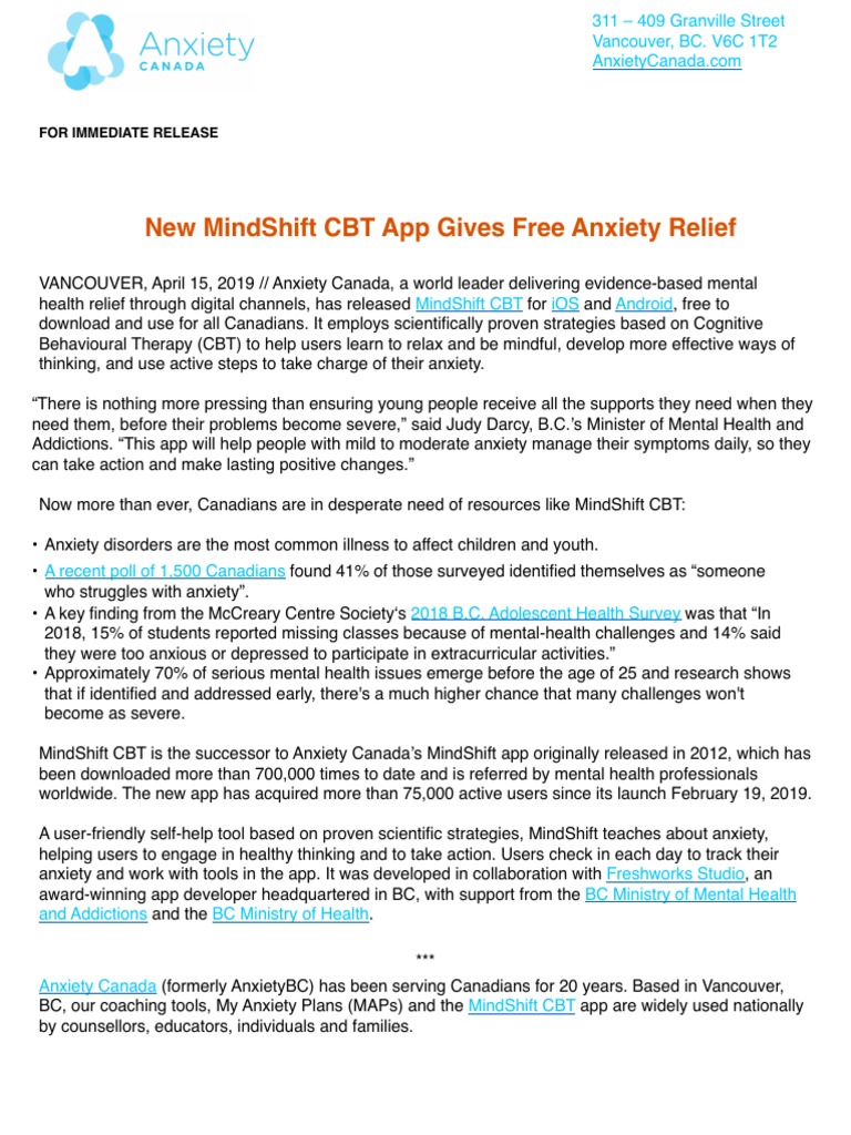 MindShift CBT Press Release | PDF | Cognitive Behavioral Therapy ...