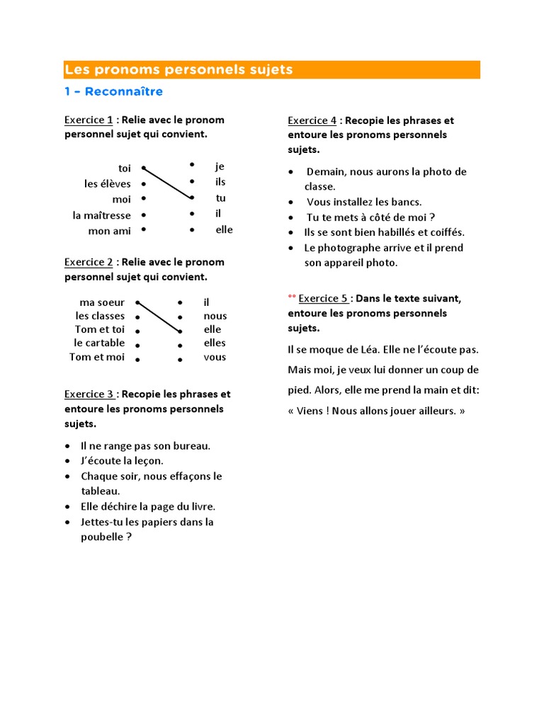 Les Pronoms Personnels Cm1 Exercices Pdf Pronoms Personnels Sujets | PDF