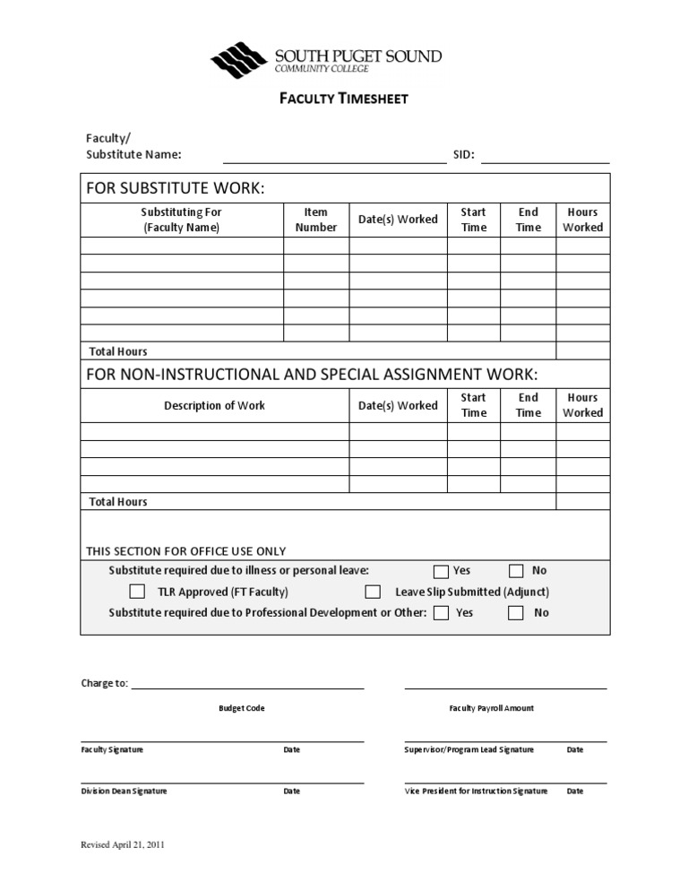 Faculty Timesheet for Substitute Work | PDF