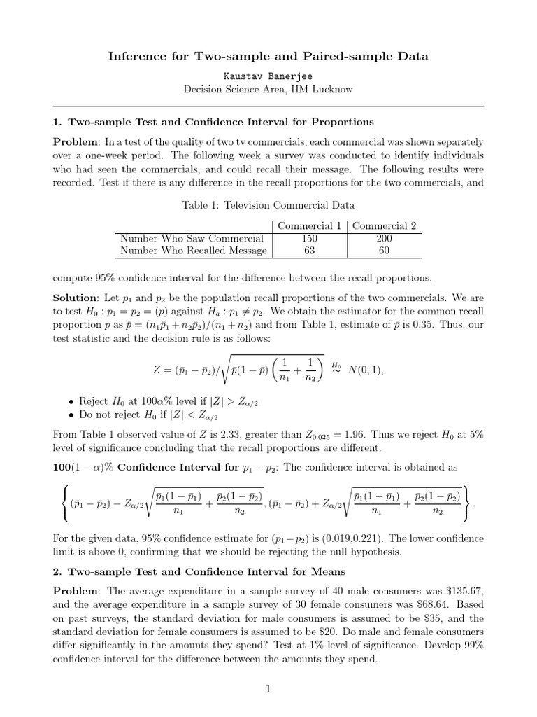 Two Sample Test | PDF | Confidence Interval | Statistical Hypothesis ...
