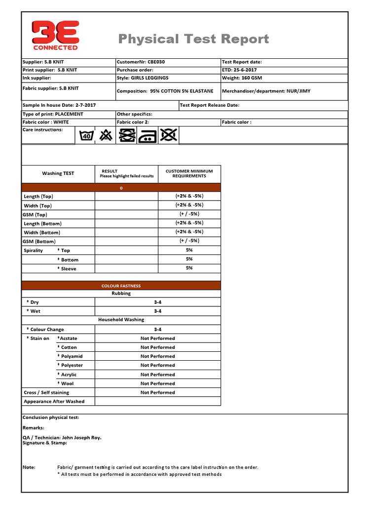 Physical Test Report for Girls Leggings | PDF | Textiles | Knitting