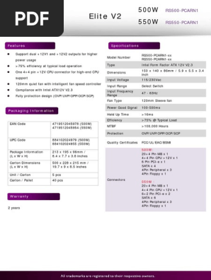 Cooler Master Elite v2 550w Rs550 Pcarn1 User Manual