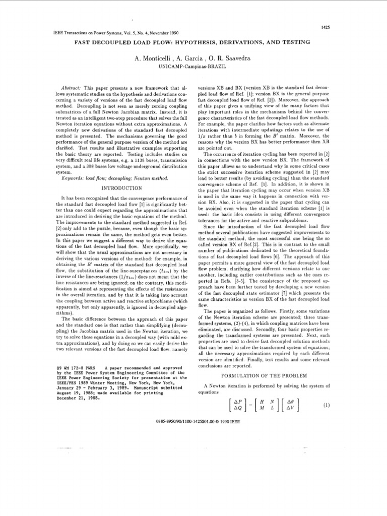 Fast Decoupled Load Flow: Hypothesis, Derivations, and Testing | PDF ...