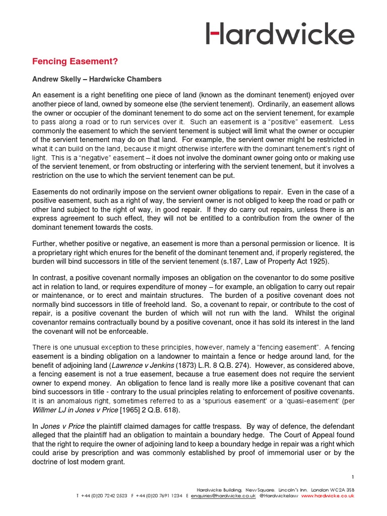 Fencing Easement? Andrew Skelly Hardwicke Chambers PDF Easement
