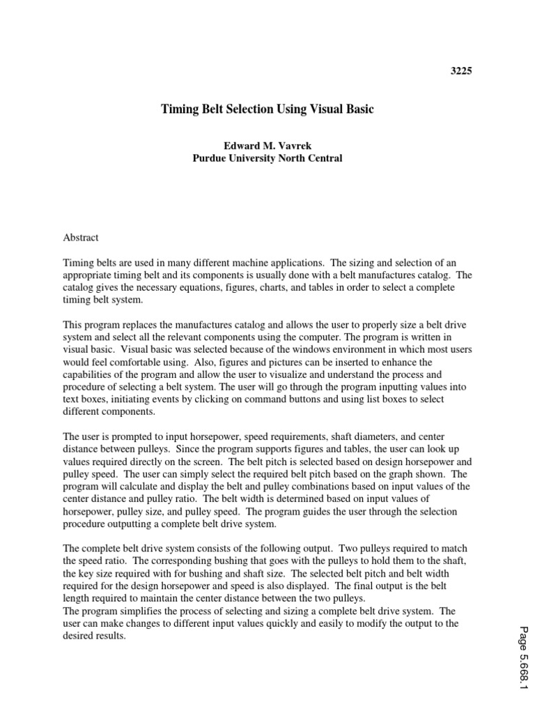 Timing Belt Selection Using Visual Basic PDF Belt (Mechanical
