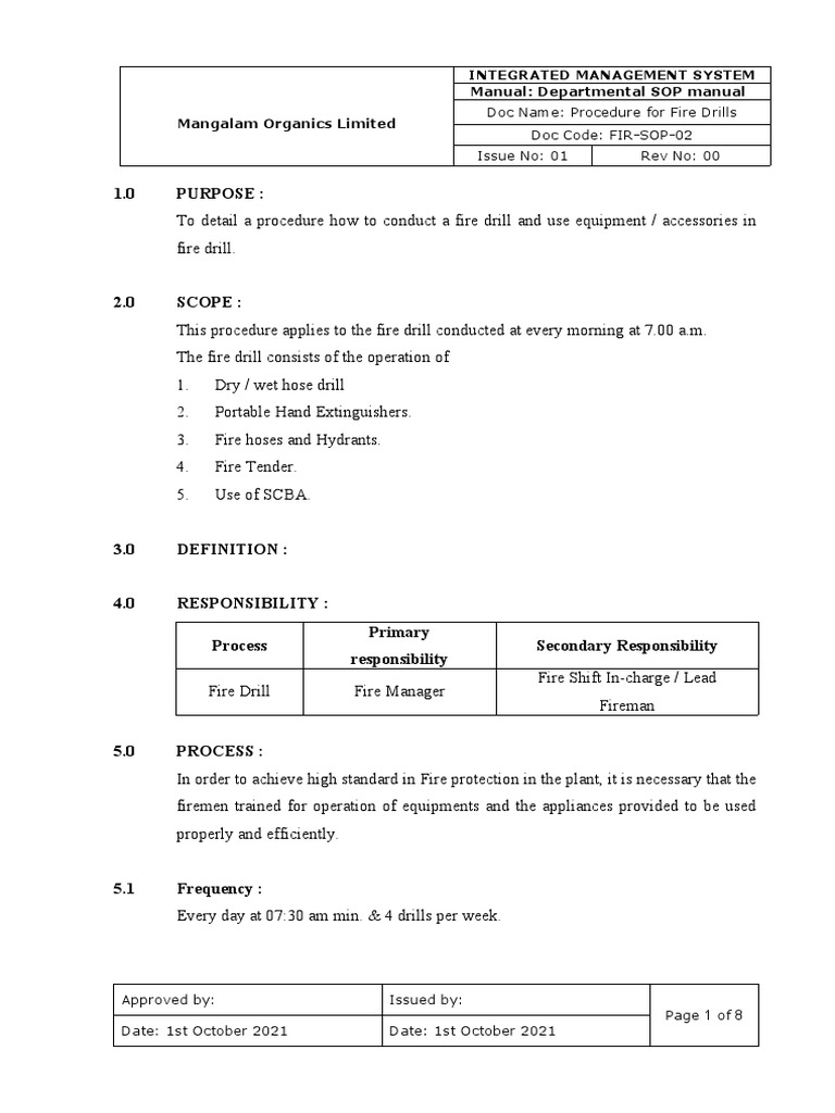 SOP Fire Drills PDF Gases Equipment