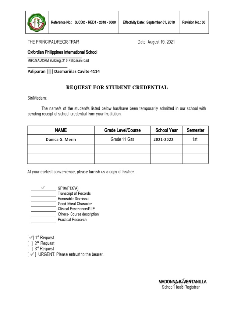 Student Credential Request | PDF