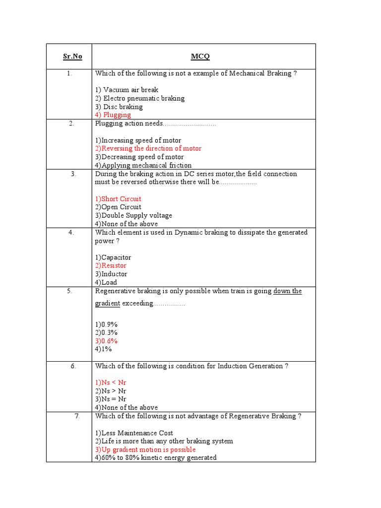 UEE Braking MCQ PDF Electric Motor Brake