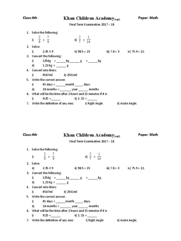 4th Grade Math Final Exam 2017-18 | PDF