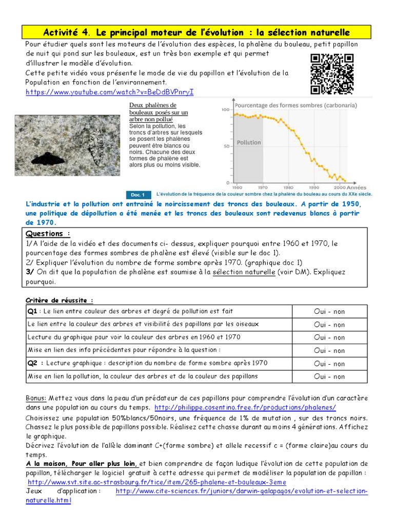 Http Philippe Cosentino Free Fr Productions Phalenes Activité 4 Selection Naturelle Énoncé | PDF | Évolution | Biologie