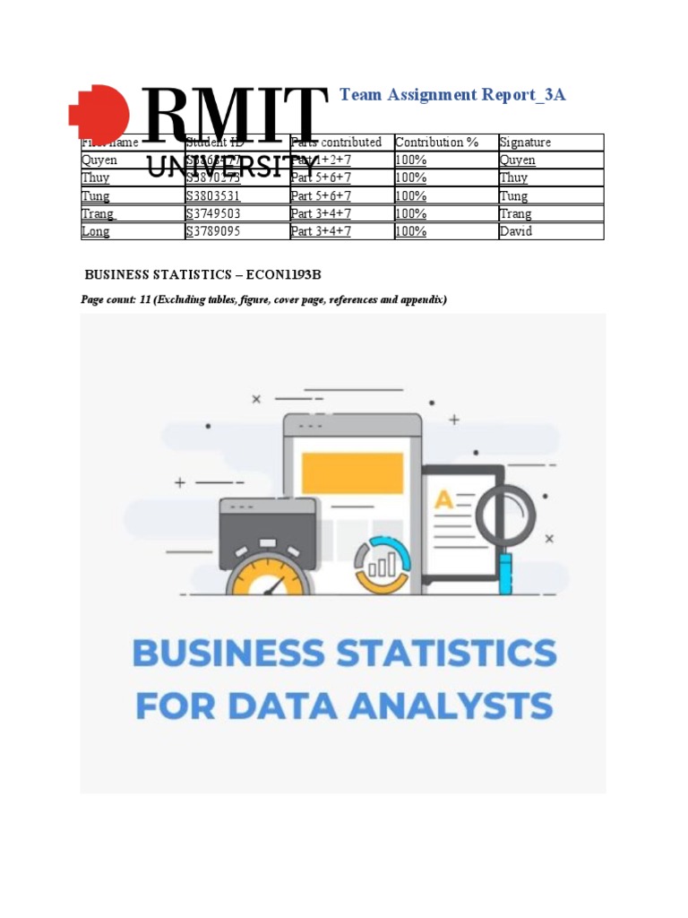 ECON1193 Business Statistics 1 Team Assignment Report - 3A Submiting ...