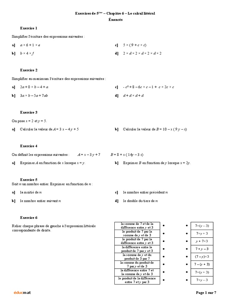 Controle Calcul Littéral 5ème Avec Corrigés Pdf Calcul Littéral Exercices Et Corrigés | PDF | Triangle | Mathématiques  élémentaires