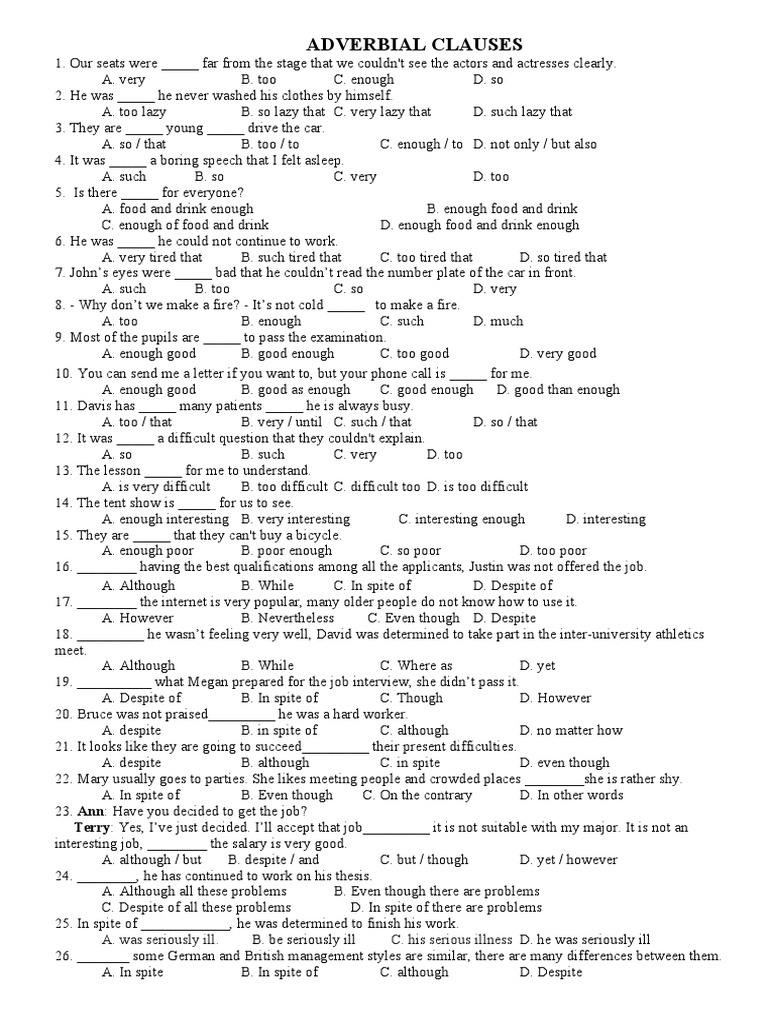Adverbial Clauses Practice Exercises | PDF